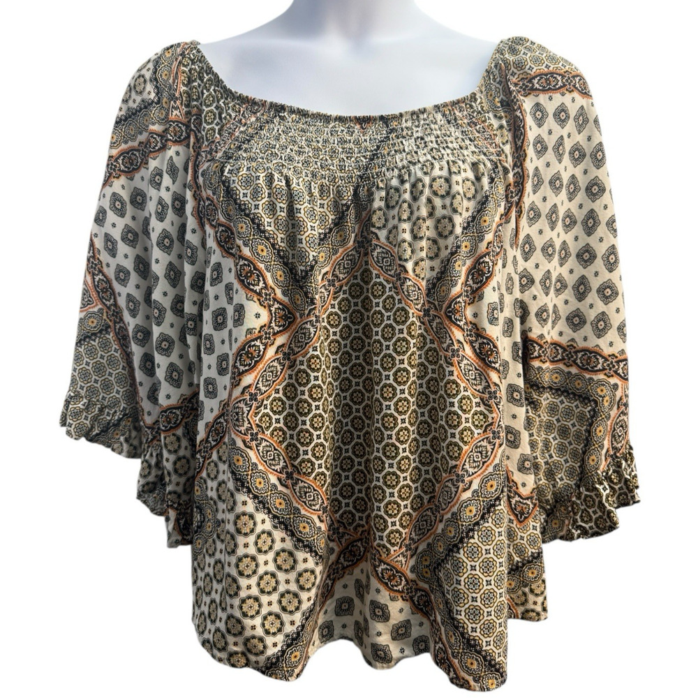 World Unity Top Womens XXL‎ Scoop Neck 3/4 Bell Sleeve Boho Print EUC